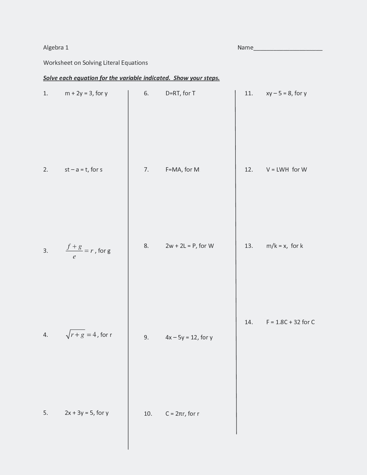 Solve Literal Equations Worksheet Literal Equations Worksheet Answer Promotiontablecovers