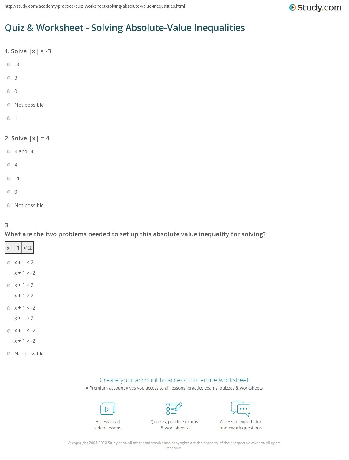 Solving Absolute Value Equations Worksheet Quiz &amp; Worksheet solving Absolute Value Inequalities