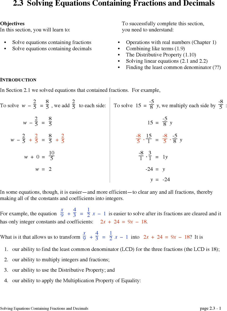 Solving Equations with Fractions Worksheet 2 3 solving Equations Containing Fractions and Decimals
