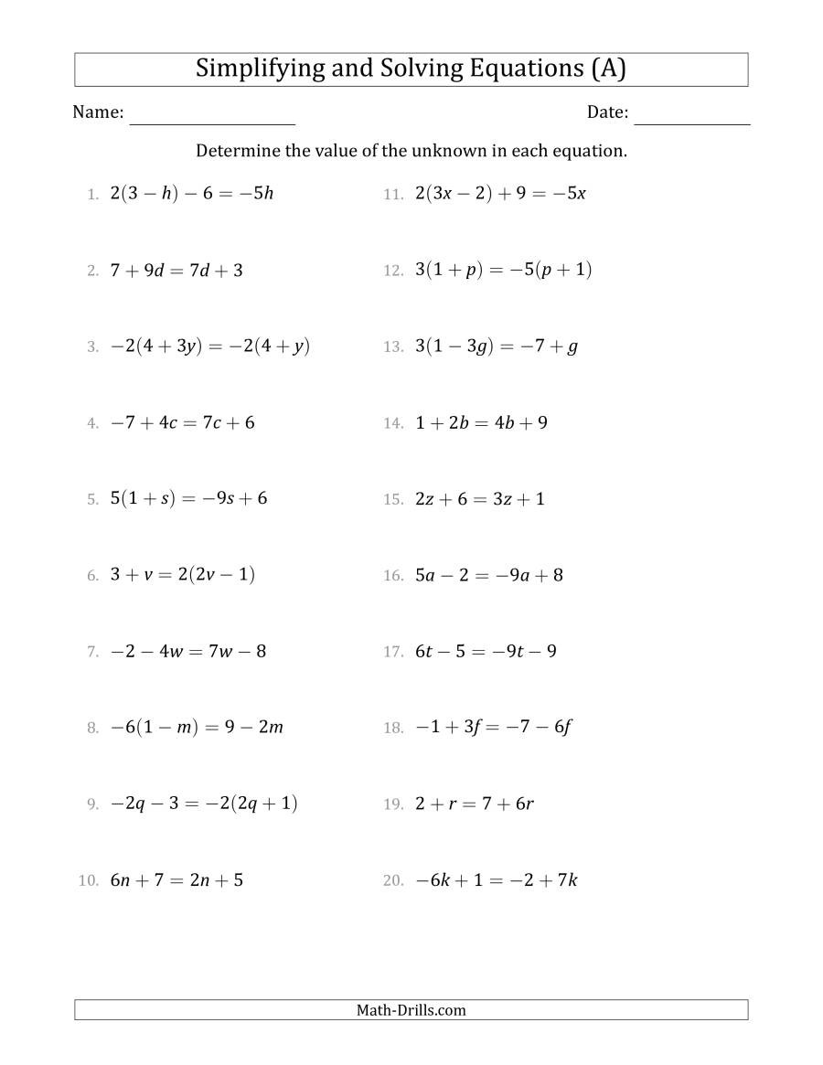 Solving Equations with Fractions Worksheet Bining Like Terms and solving Simple Linear Equations A
