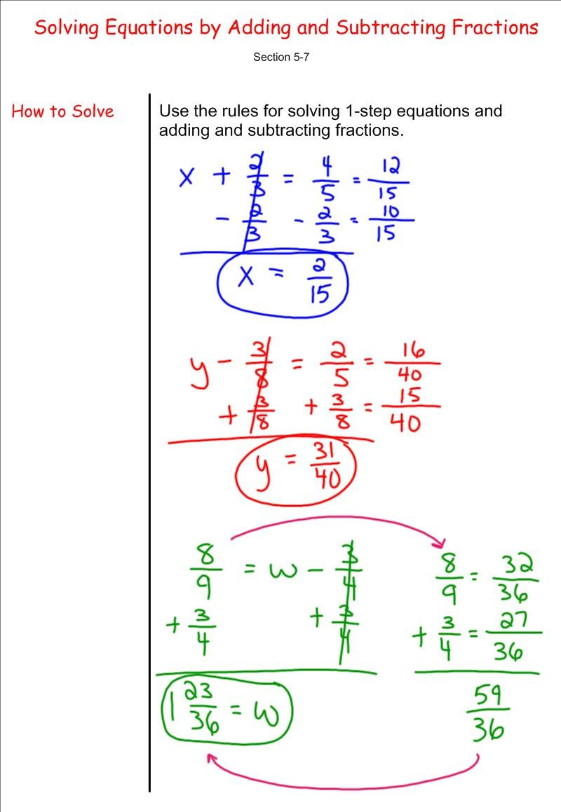 Solving Equations with Fractions Worksheet solving Equations by Adding and Subtracting Fractions 7th