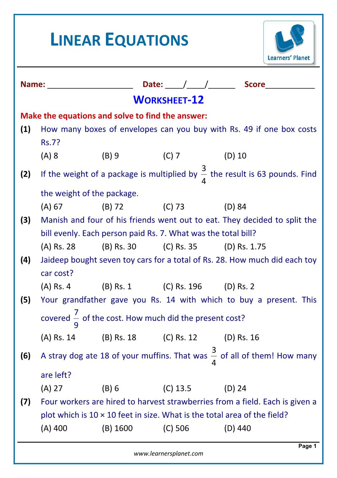 Solving Equations Word Problems Worksheet solve Linear Equations Word Problems Worksheet Grade 7