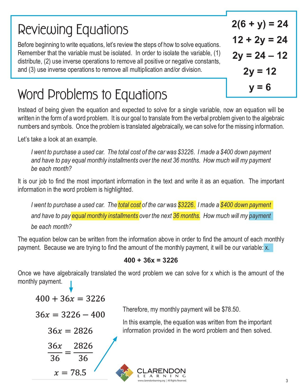 Solving Equations Word Problems Worksheet Word Problems and Equations