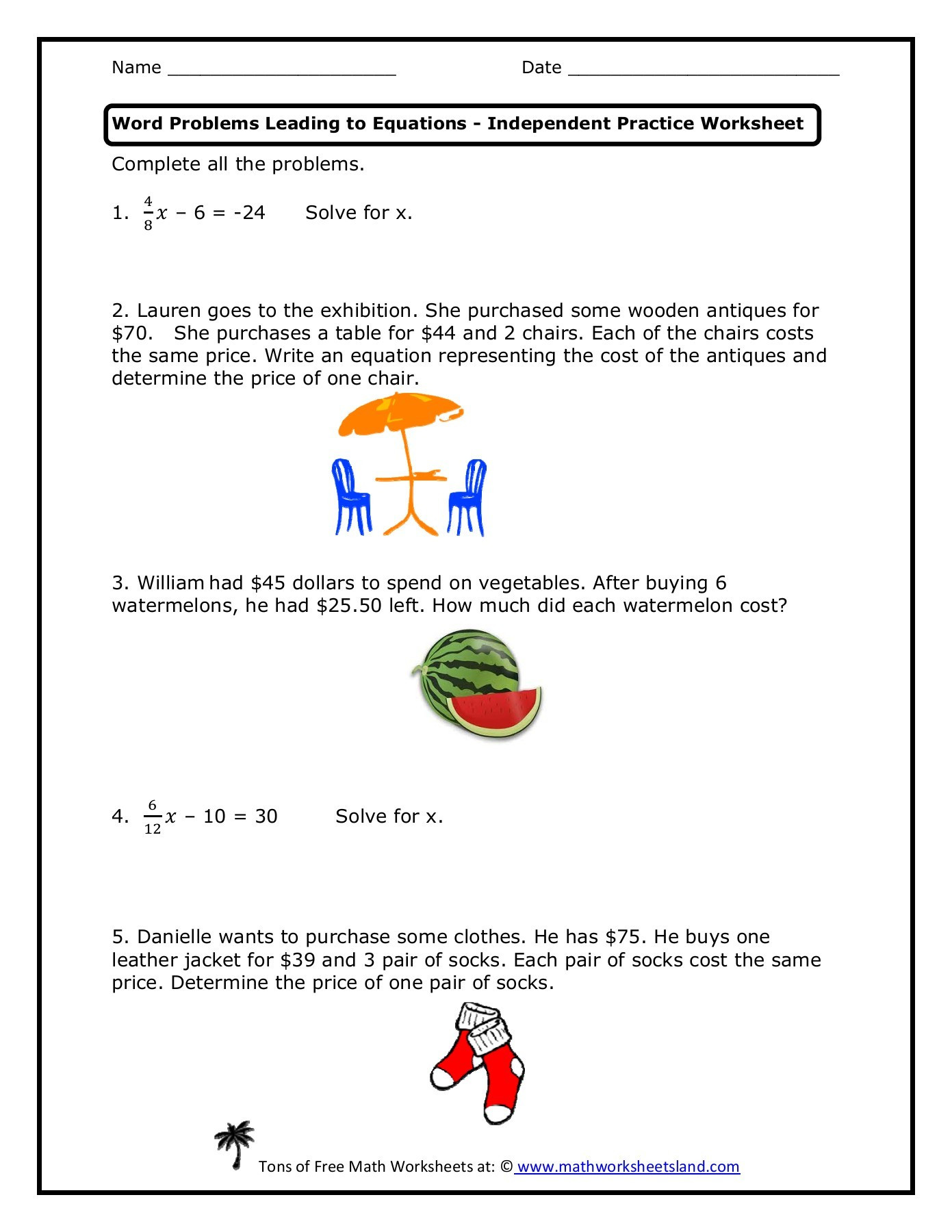 Solving Equations Word Problems Worksheet Word Problems Leading to Equations Independent Practice