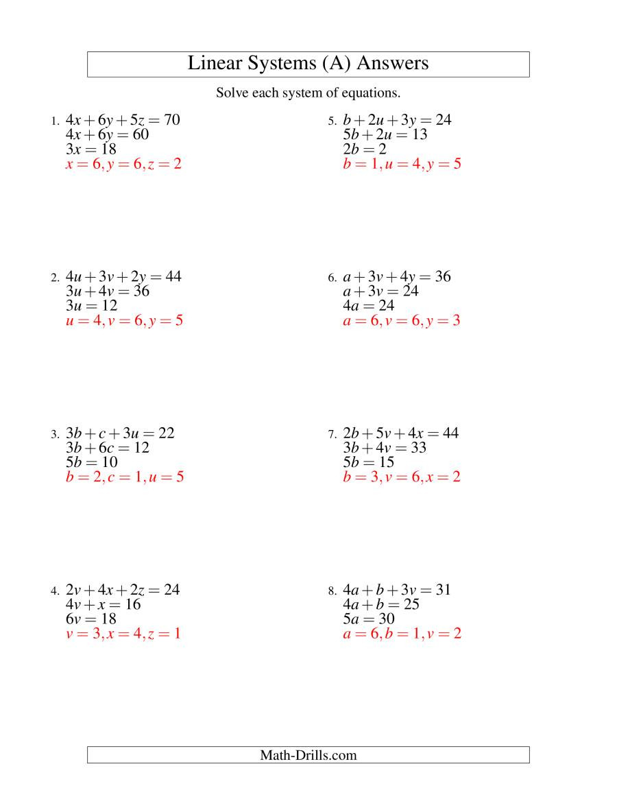 Solving for Y Worksheet Systems Of Linear Equations Three Variables Easy A