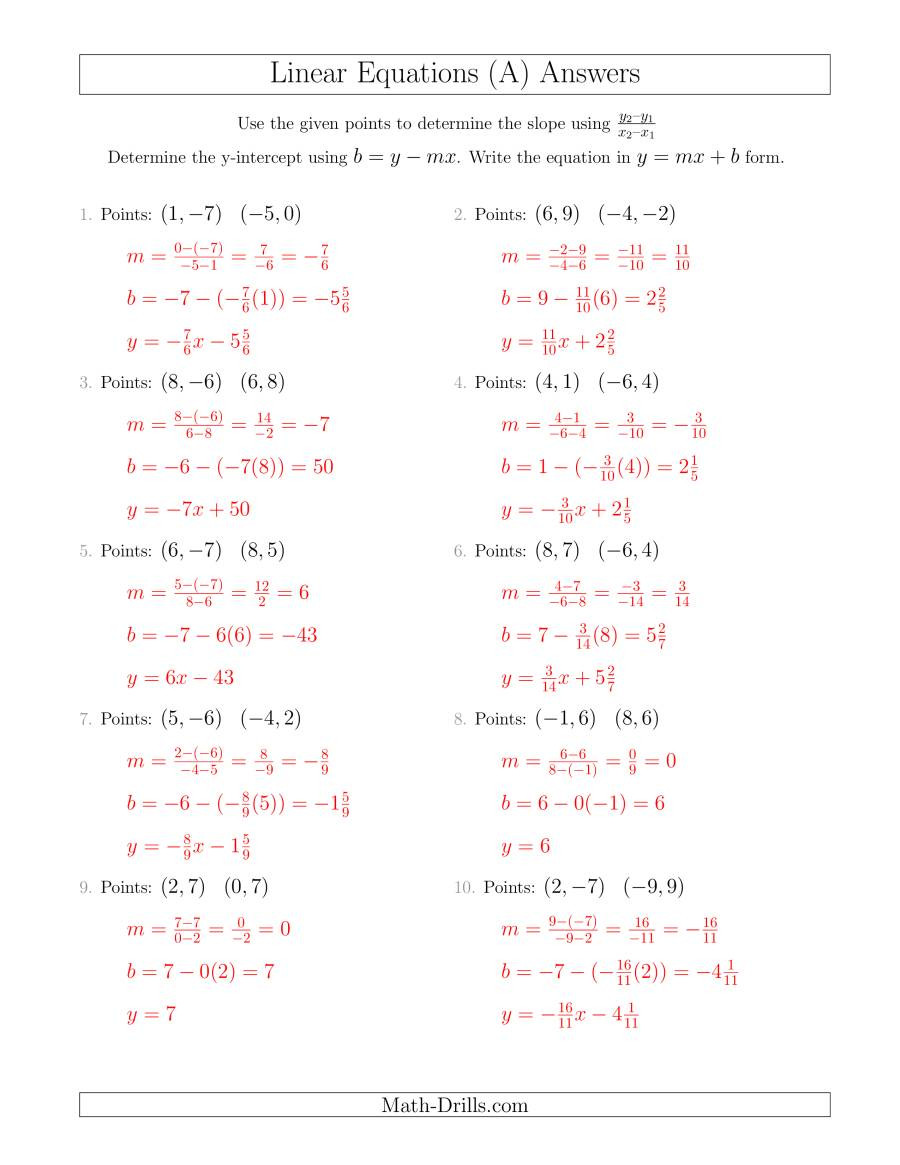 Solving for Y Worksheet Writing A Linear Equation From Two Points A