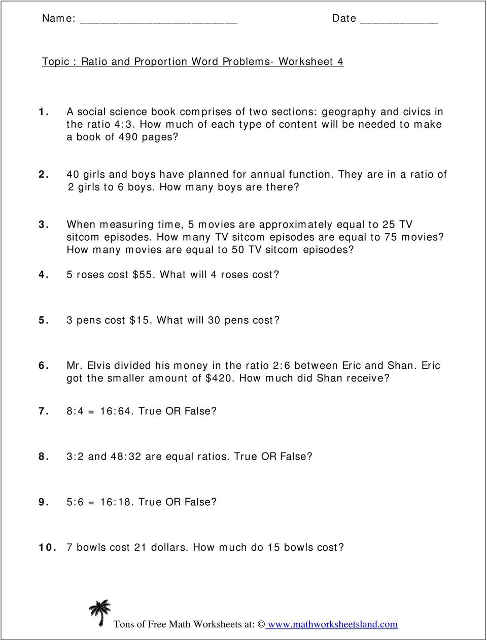 Solving Proportions Worksheet Answers topic Ratio and Proportion Word Problems Worksheet Girls