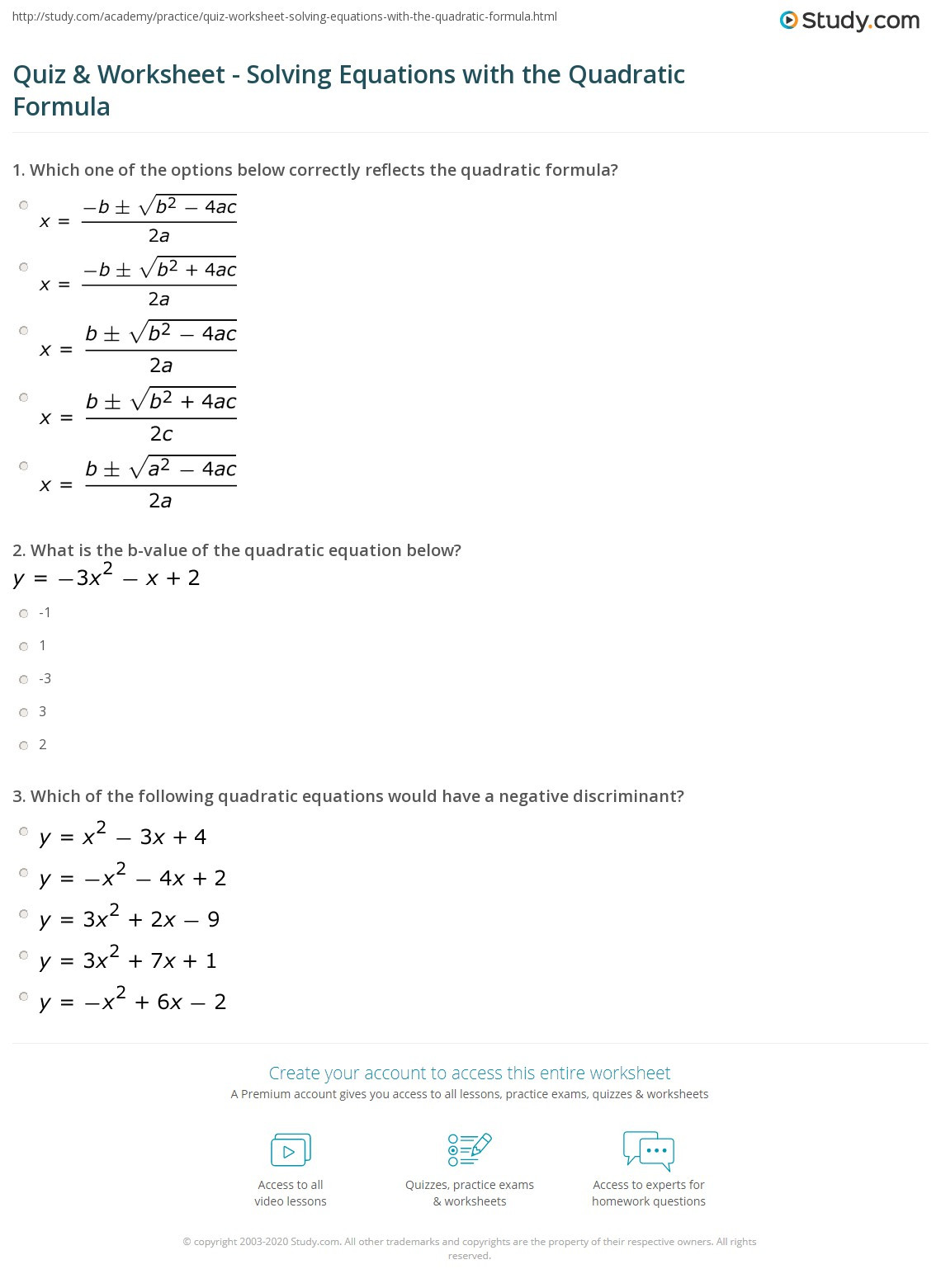 Solving Quadratic Equations Worksheet Quiz &amp; Worksheet solving Equations with the Quadratic