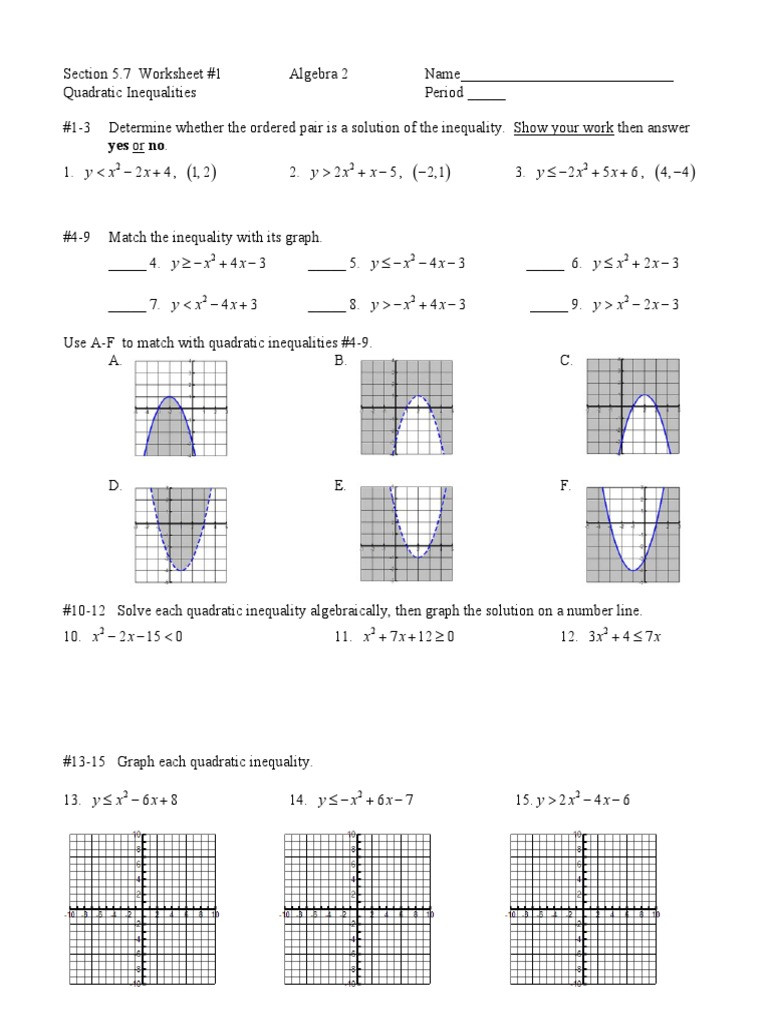 Solving Quadratic Inequalities Worksheet Quadratics B Quadratic Inequalities