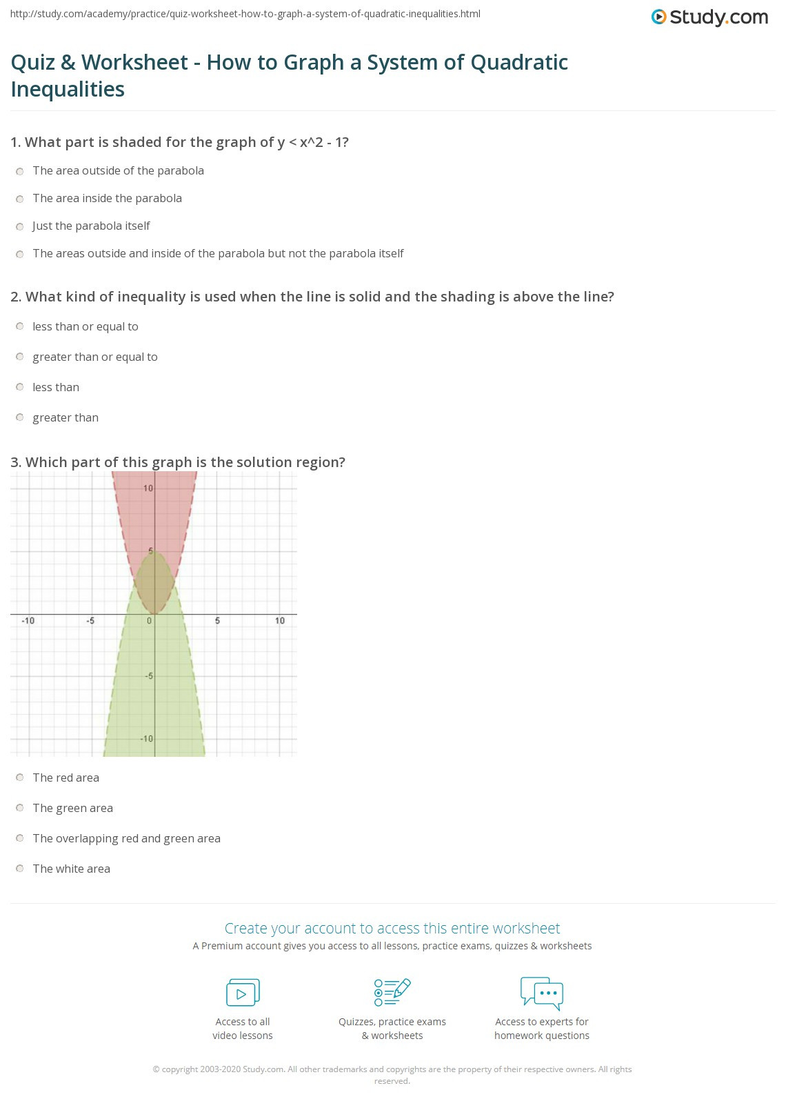 Solving Quadratic Inequalities Worksheet Quiz &amp; Worksheet How to Graph A System Of Quadratic