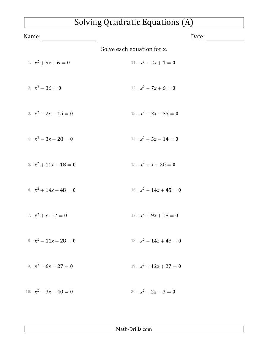 Solving Quadratic Inequalities Worksheet solving Quadratic Equations with Positive A Coefficients