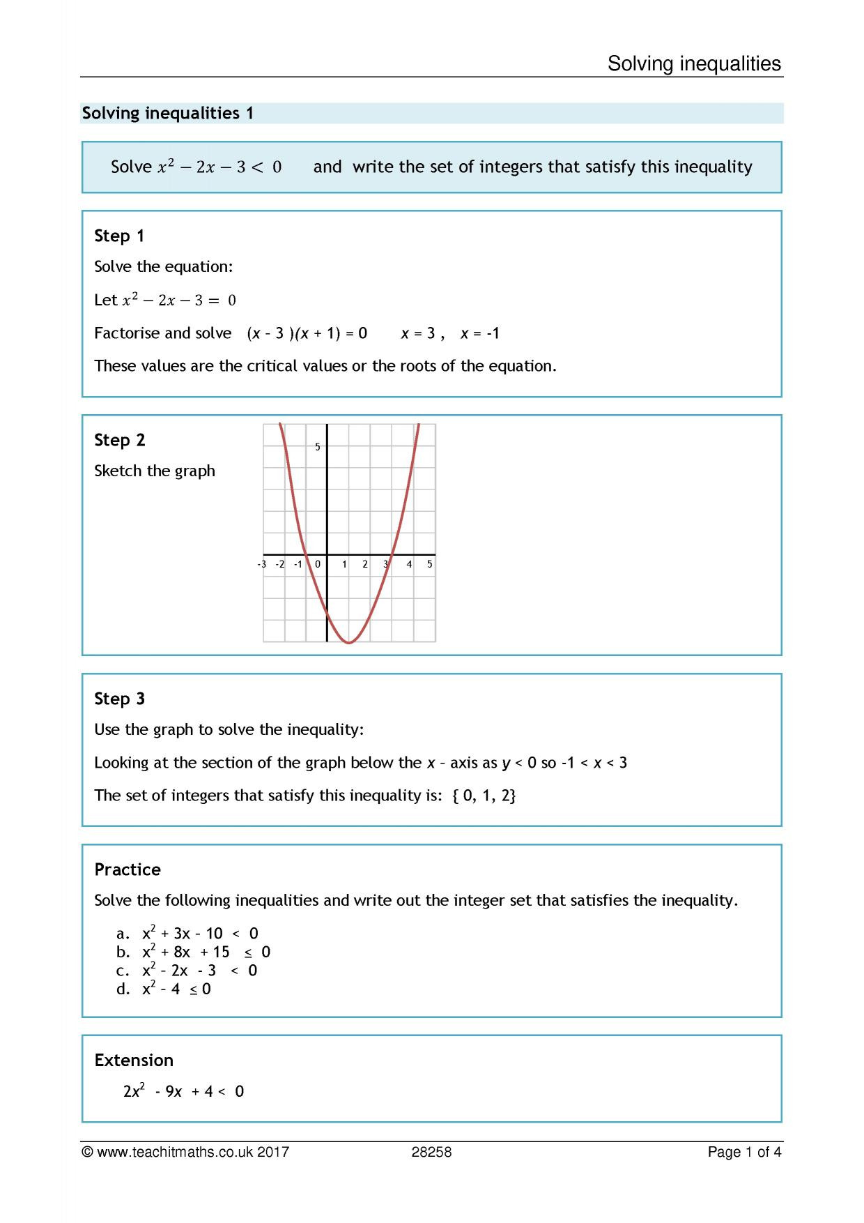 Solving Quadratic Inequalities Worksheet solving Quadratic Inequalities