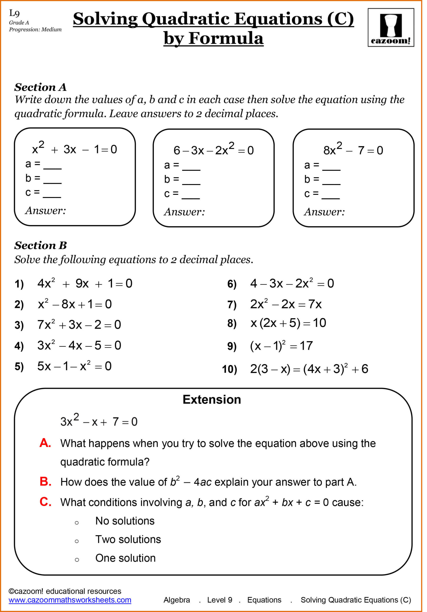 Solving Quadratic Inequalities Worksheet Year Maths Worksheets Cazoom Grade Algebra Equations solving
