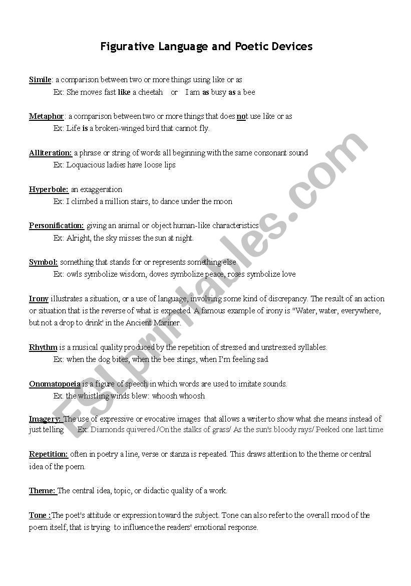 Sound Devices In Poetry Worksheet Figurative Language and Poetic Device Esl Worksheet by