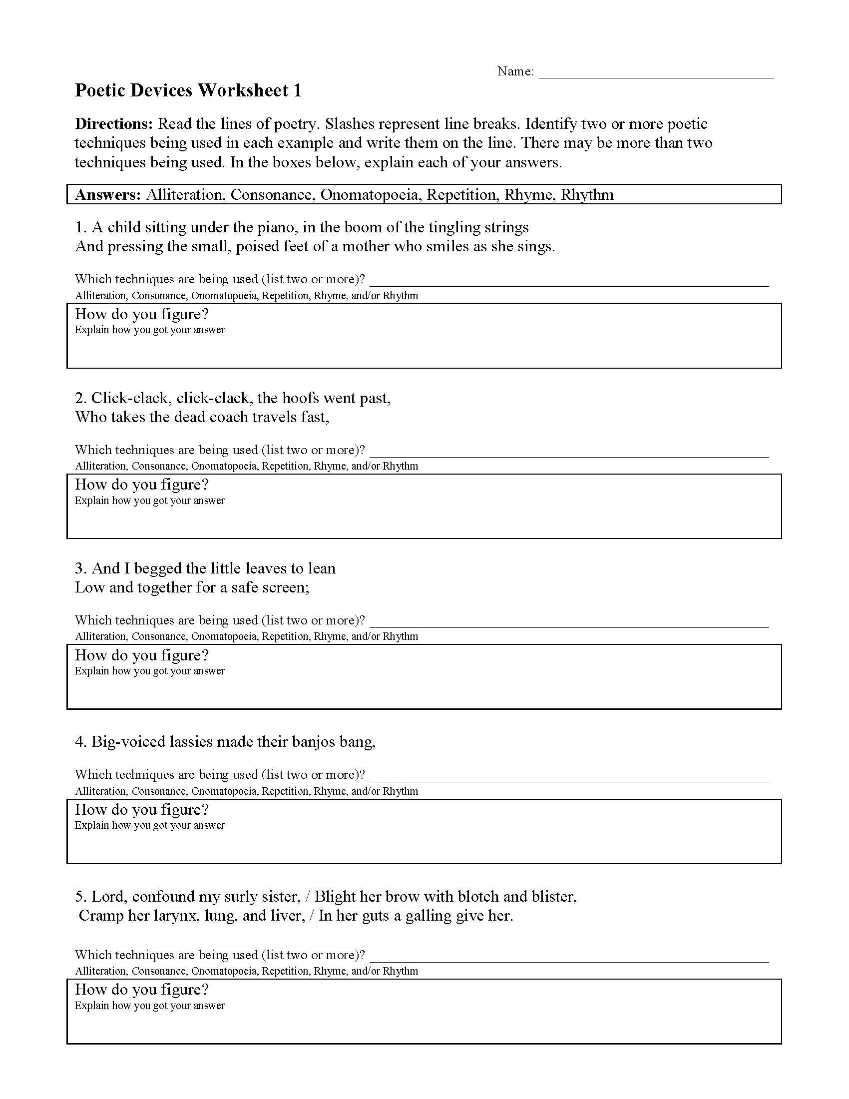 Sound Devices In Poetry Worksheet Poetic Devices Worksheet 1 Preview