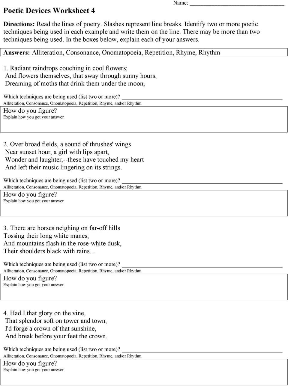 Sound Devices In Poetry Worksheet Poetic Devices Worksheet 4 Pdf Free Download