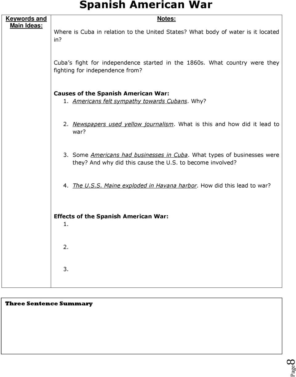 Spanish American War Worksheet Imperialism the Spanish American War and Page1 Pdf Free