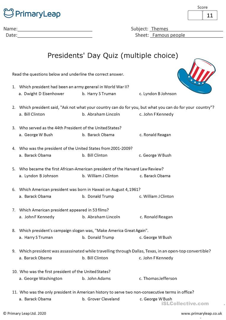 Spanish American War Worksheet Multiple Choice Quiz Presidents Day English Esl