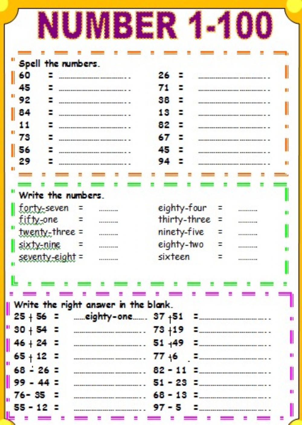 Spanish Numbers Worksheet 1 100 Numbers 1 to 100 Numbers Exercise