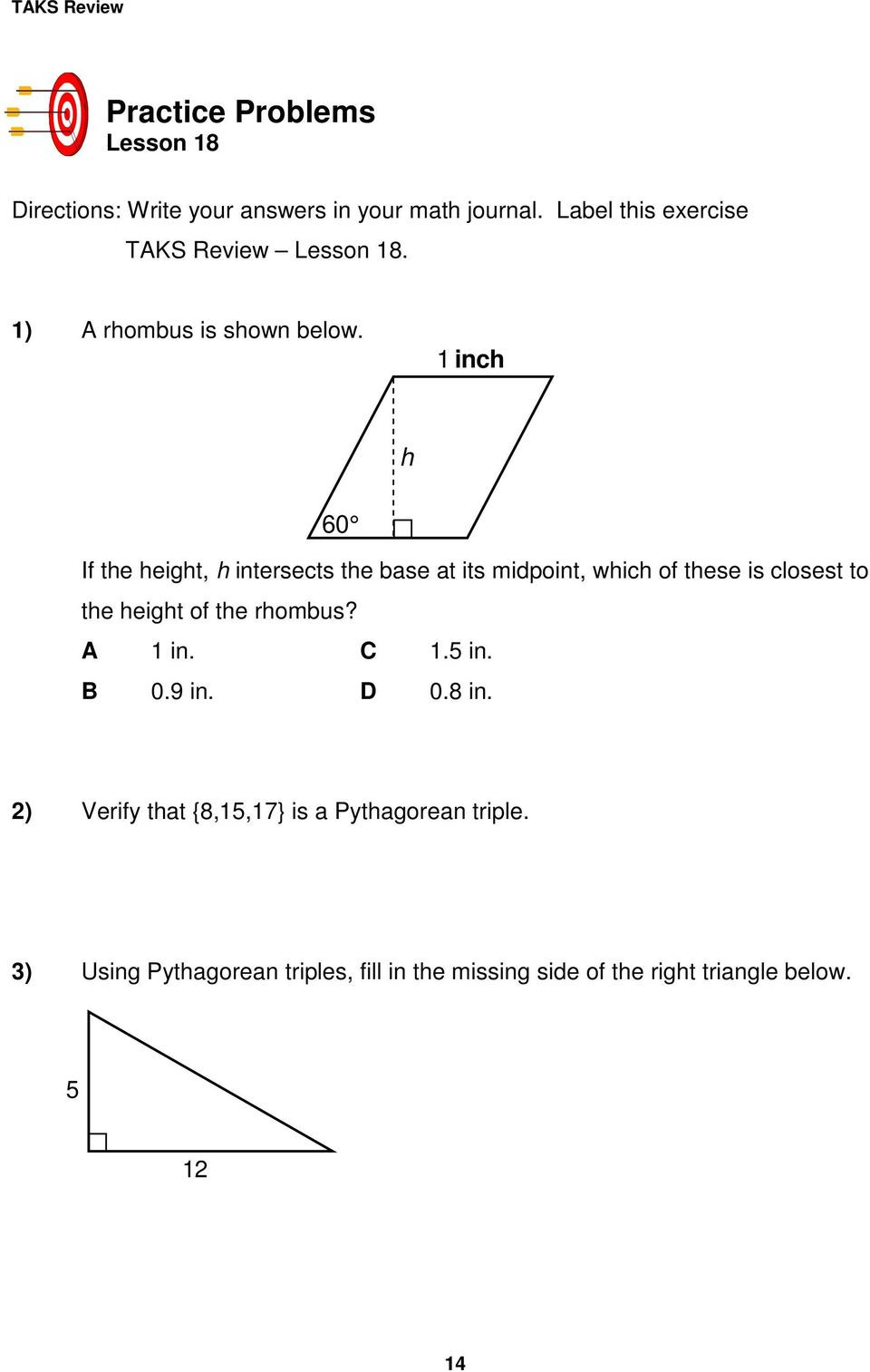 Special Right Triangles Practice Worksheet Lesson 18 Pythagorean Triples &amp; Special Right Triangles