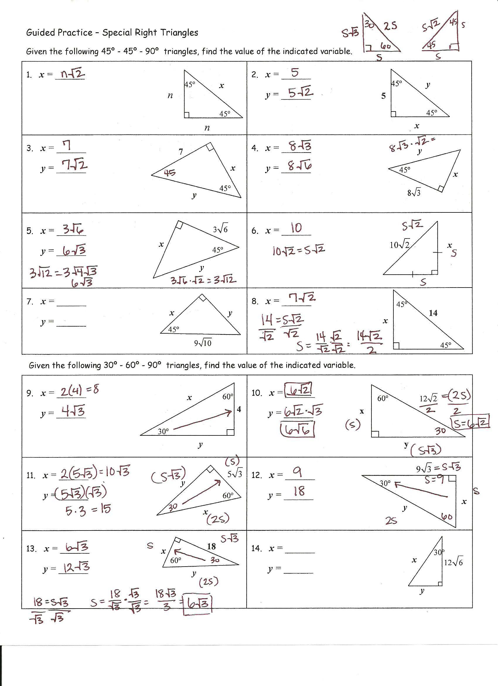 Special Right Triangles Practice Worksheet Special Right Triangles Worksheet Chapter 8