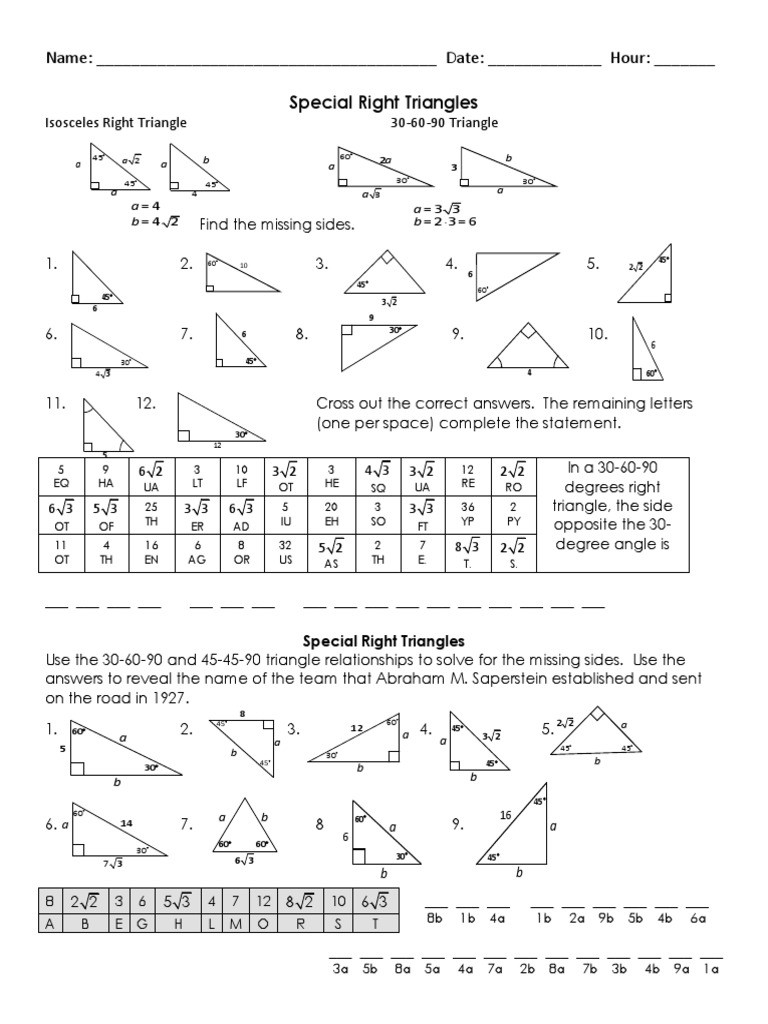 Special Right Triangles Worksheet 5 8 Special Right Worksheet