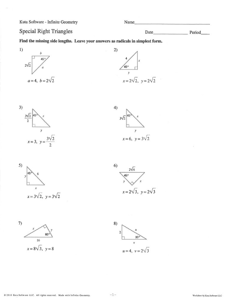 Special Right Triangles Worksheet Special Right Triangles Ws Answers