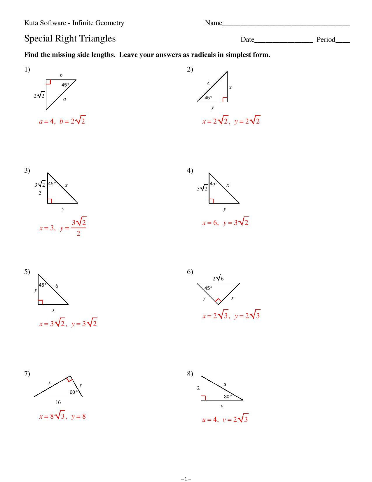 Special Right Triangles Worksheet Test 3 Pg 11 Answers