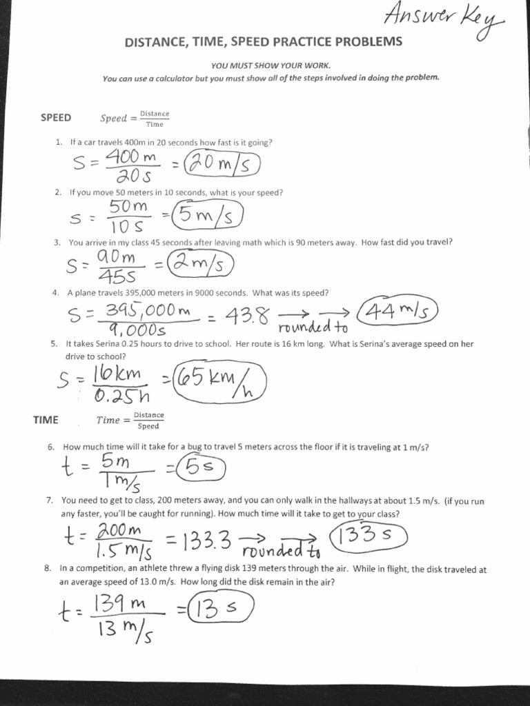 Speed Practice Problems Worksheet Speed Time Distance Calculations Answer Key Great Intro