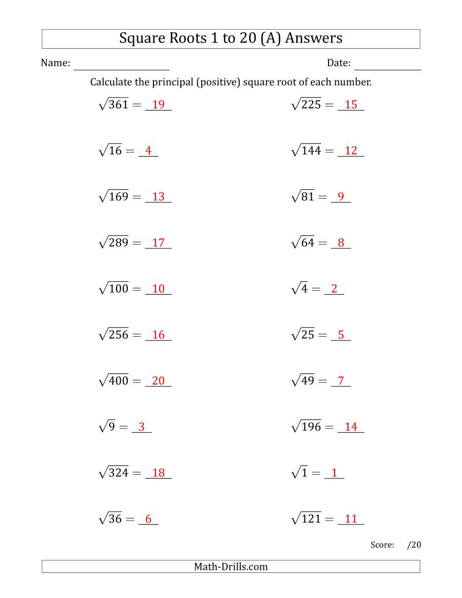 Square Root Worksheet Pdf Principal Square Roots 1 to 20 A