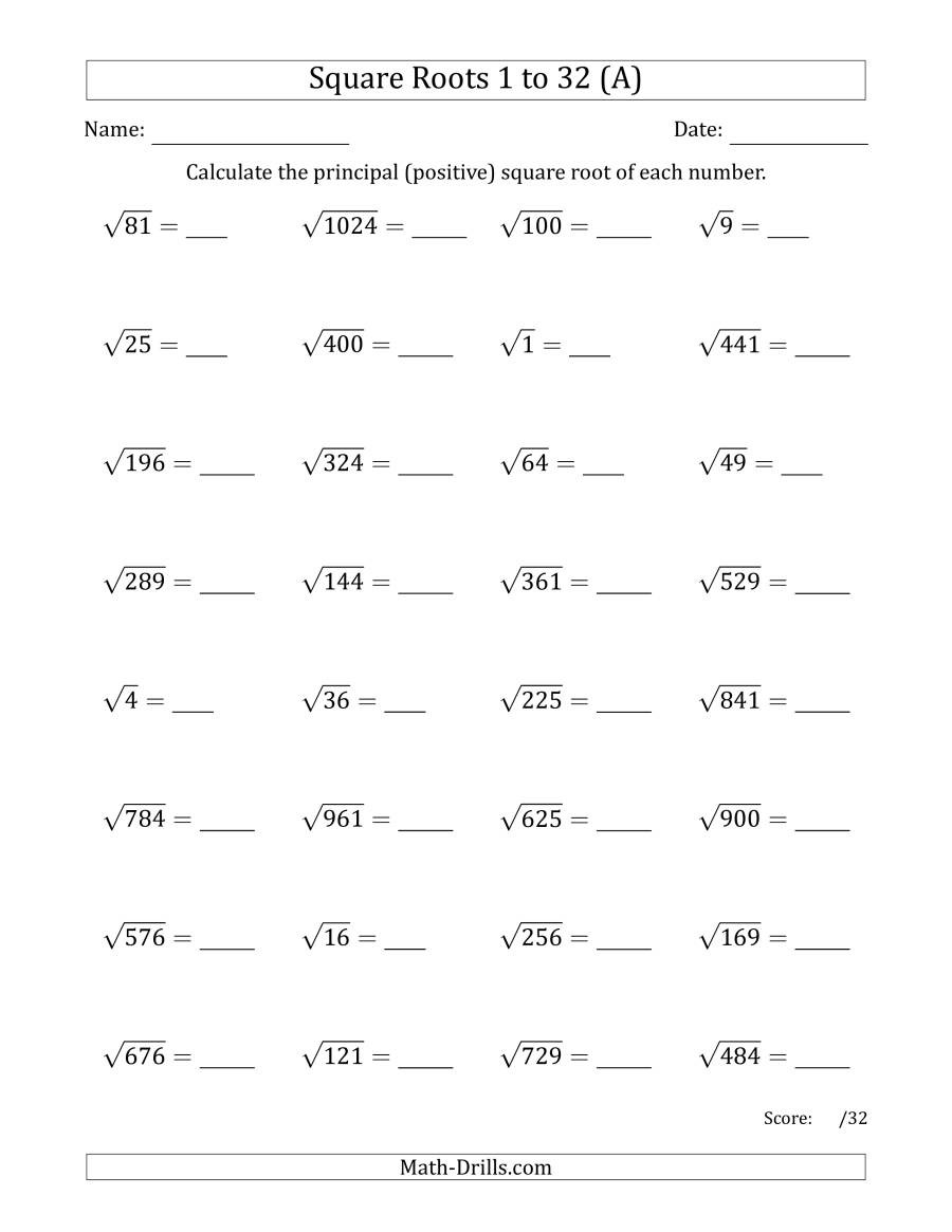 Square Root Worksheet Pdf Principal Square Roots 1 to 32 A