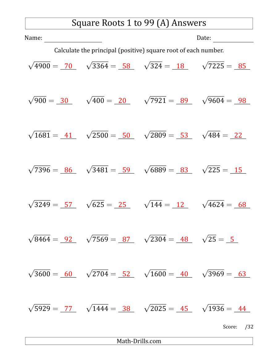Square Root Worksheet Pdf Principal Square Roots 1 to 99 A