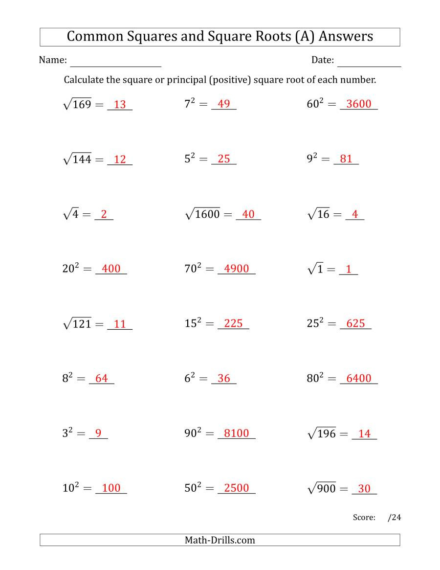 Squares and Square Roots Worksheet Monly Used Squares and Square Roots Mixed Questions A