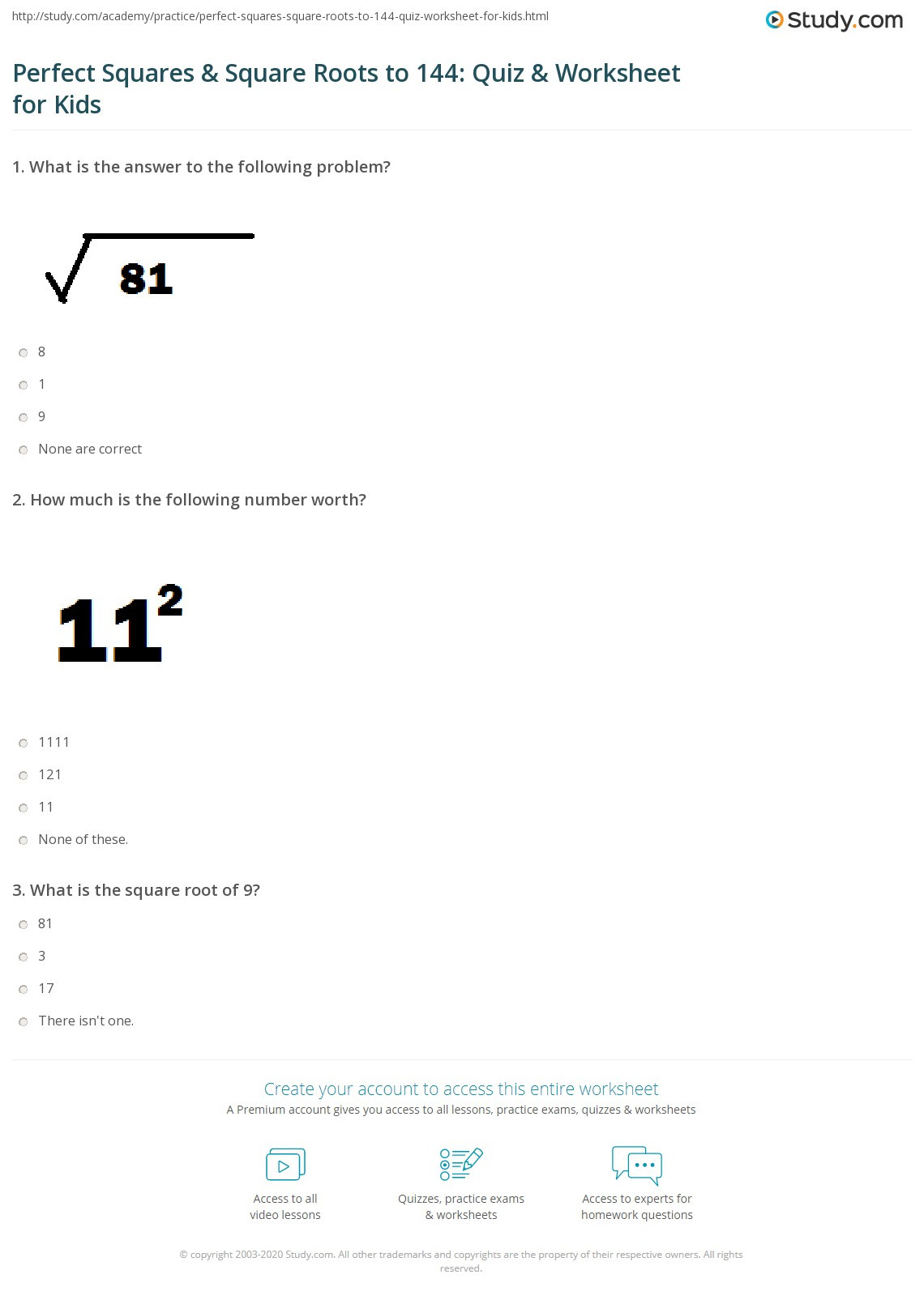 Squares and Square Roots Worksheet Perfect Squares &amp; Square Roots to 144 Quiz &amp; Worksheet for