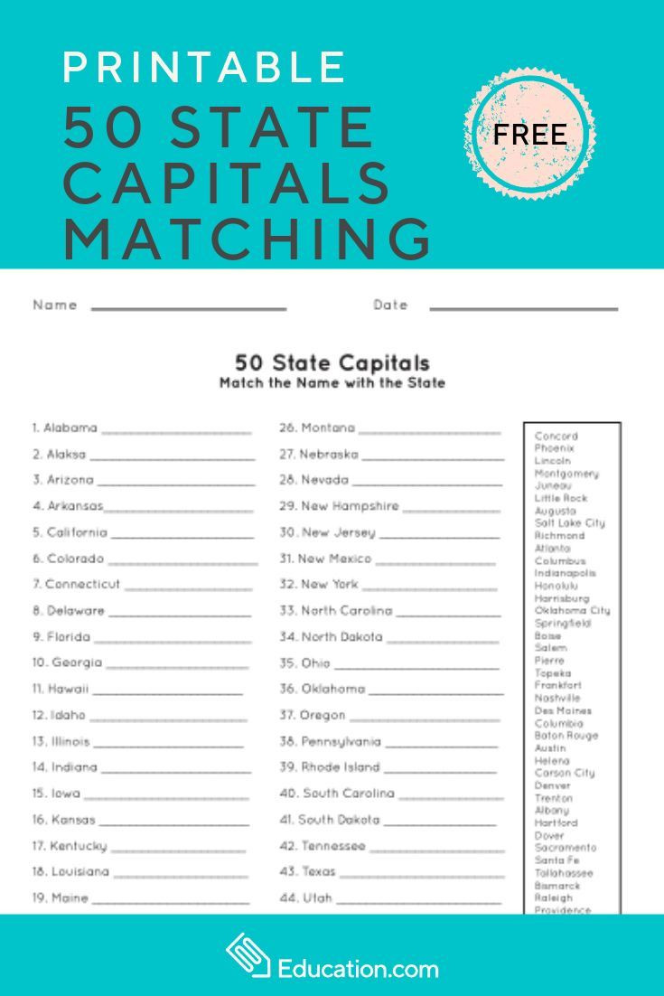 States and Capitals Matching Worksheet 50 State Capitals