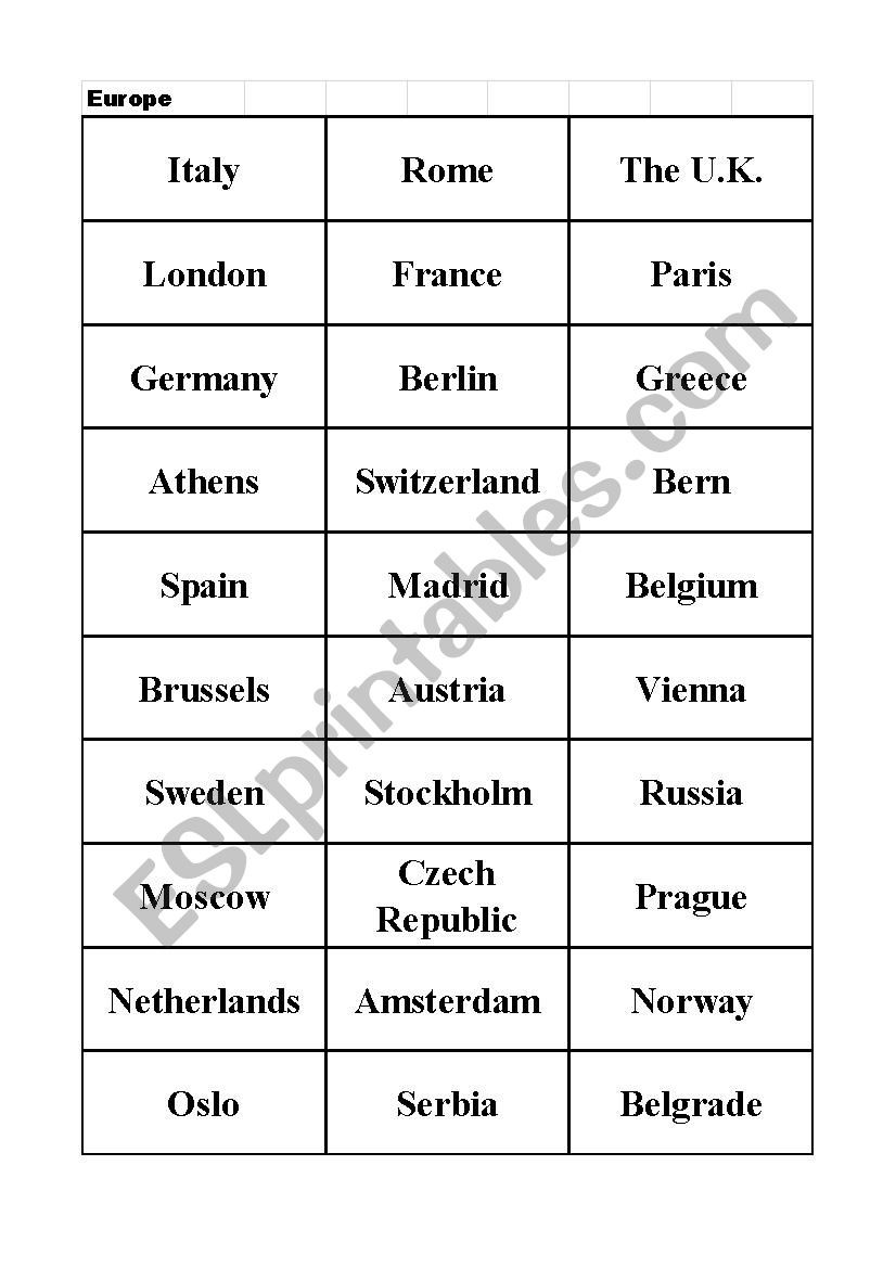 States and Capitals Matching Worksheet Countries and Capitals Matching Cards Esl Worksheet by Rebnap