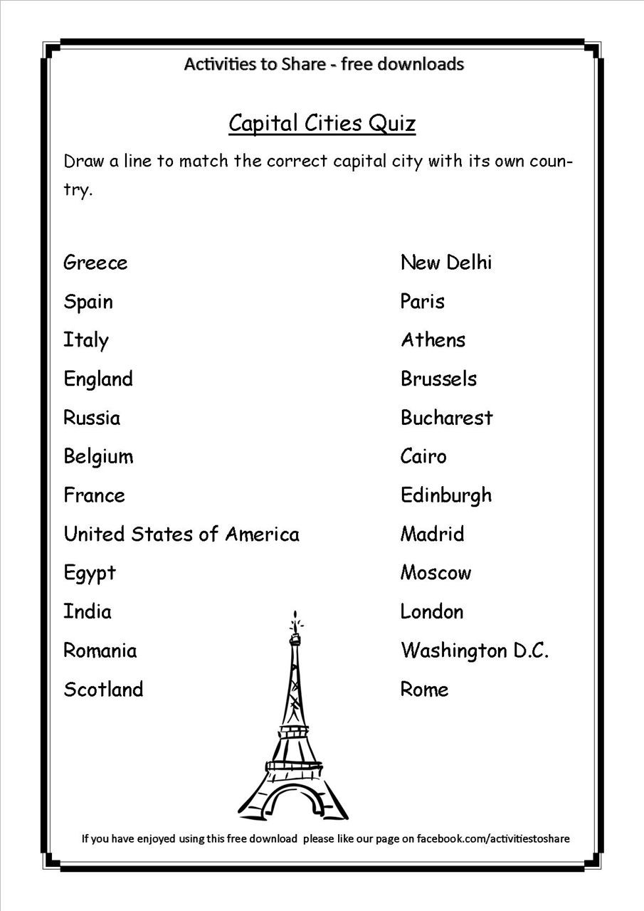 States and Capitals Matching Worksheet Picture Of Dl34 Capital Cities Quiz