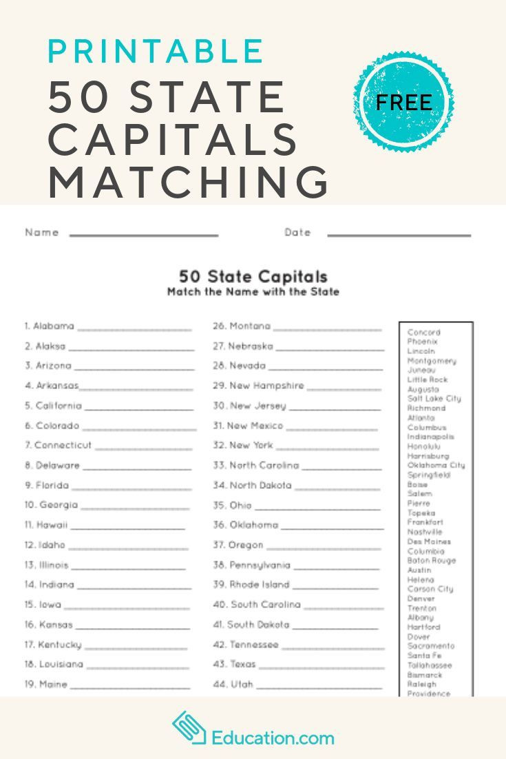 States and Capitals Matching Worksheet Pin On B E Ignite
