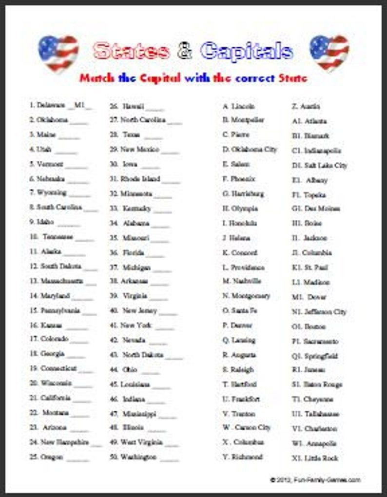 States and Capitals Matching Worksheet Pin On Summer