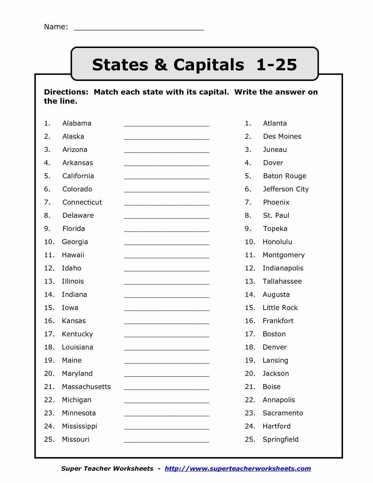 States and Capitals Matching Worksheet States and Capitals Matching Worksheet New Name States