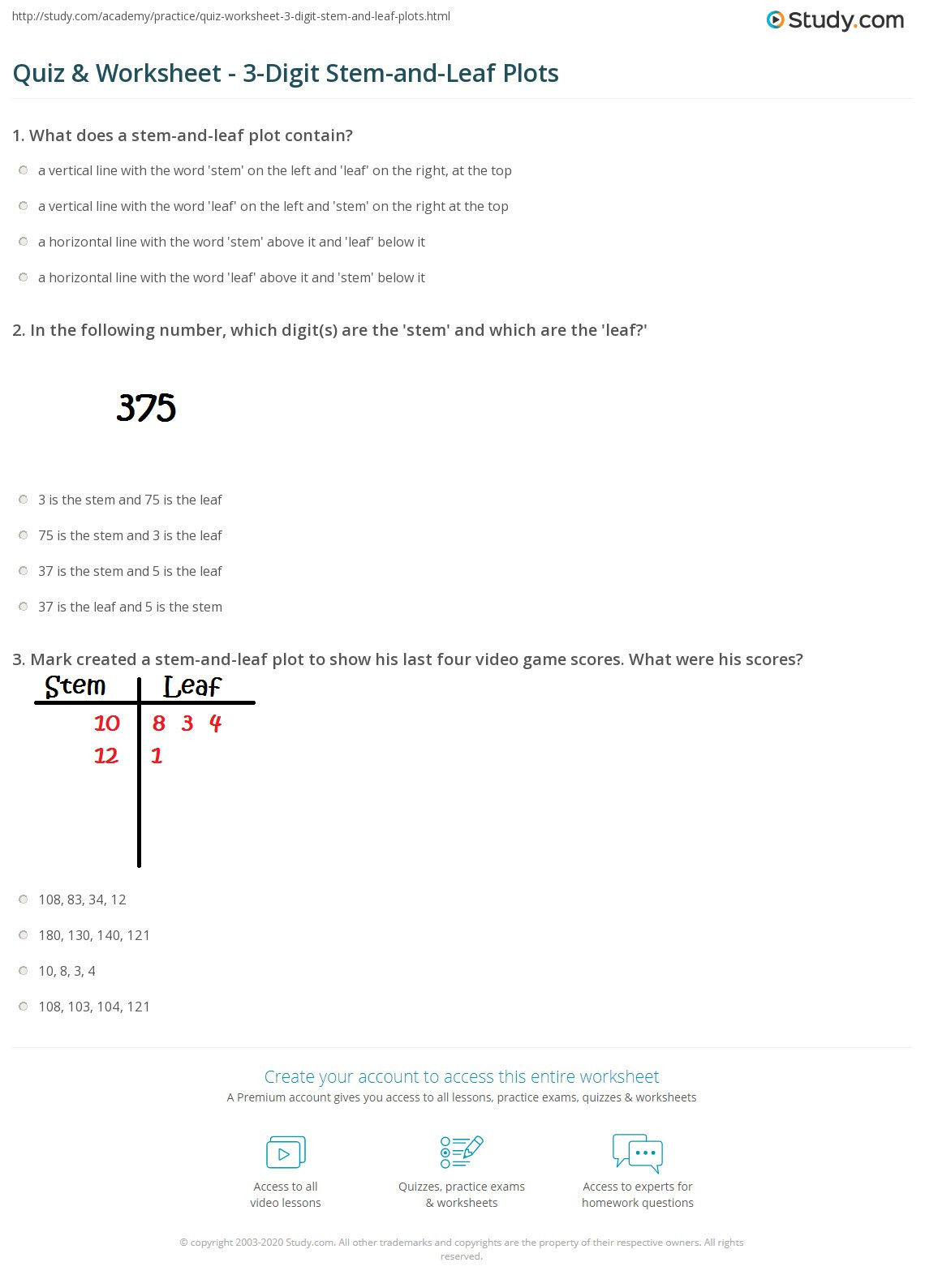 Stem and Leaf Plots Worksheet Quiz &amp; Worksheet 3 Digit Stem and Leaf Plots
