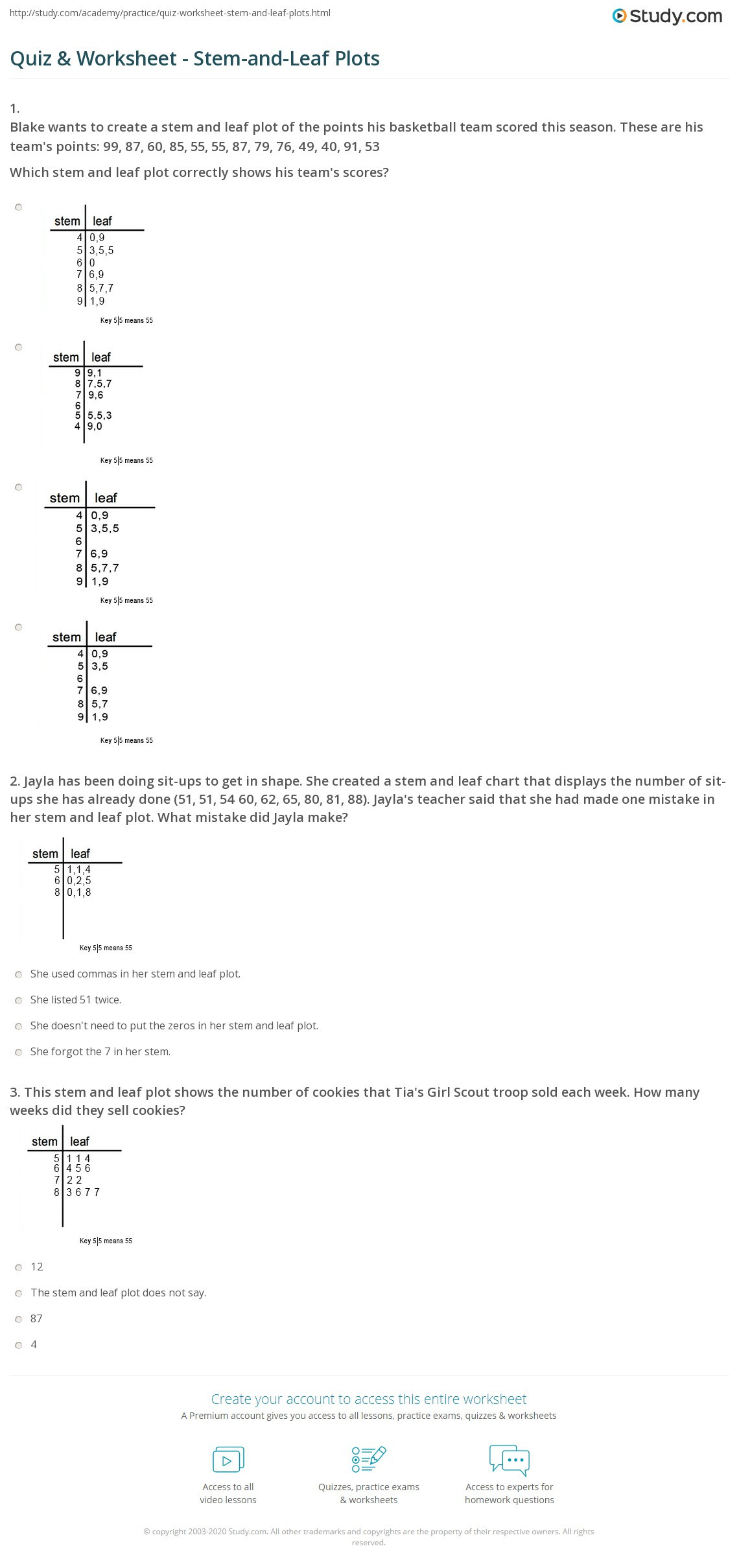Stem and Leaf Plots Worksheet Quiz &amp; Worksheet Stem and Leaf Plots