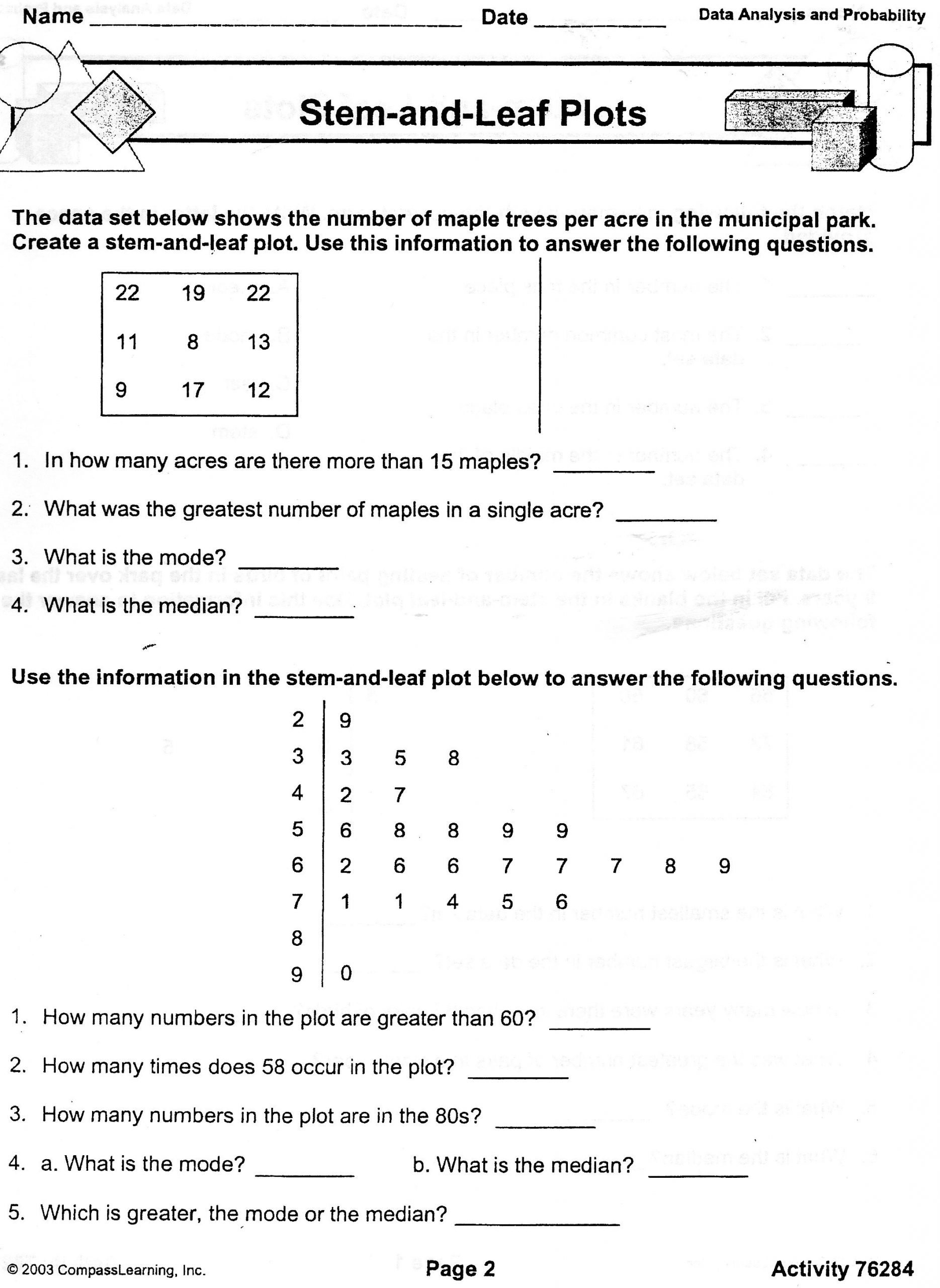 Stem and Leaf Plots Worksheet Stem and Leaf Plot Activities for 7th Graders