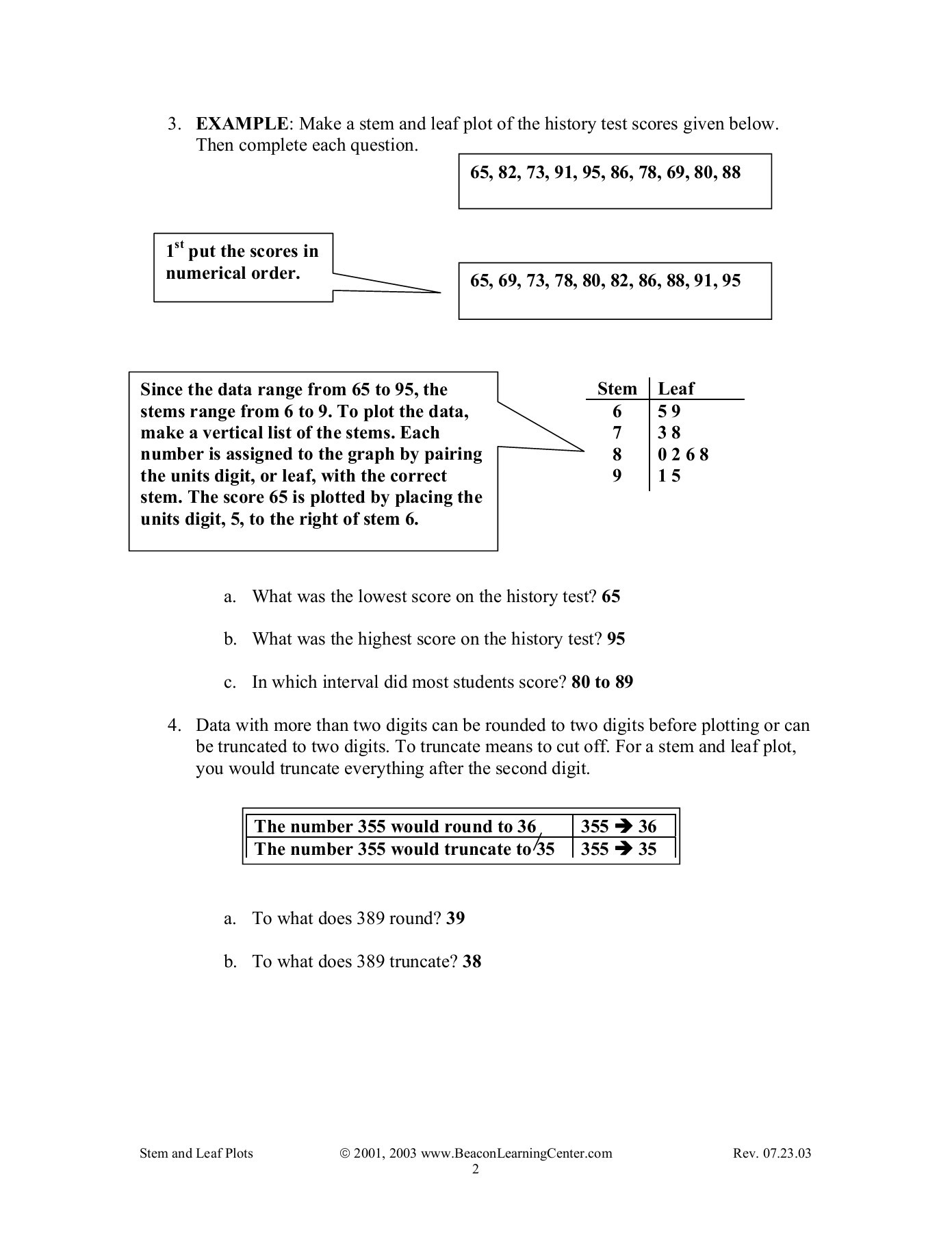 Stem and Leaf Plots Worksheet Stem and Leaf Plots Examples Beacon Learning Center Pages