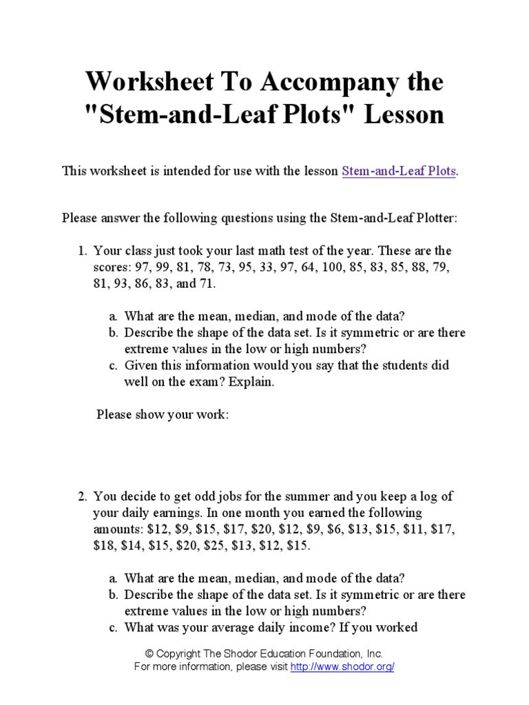 Stem and Leaf Plots Worksheet Stem and Leaf Plots Lesson Panion 1 Pdf