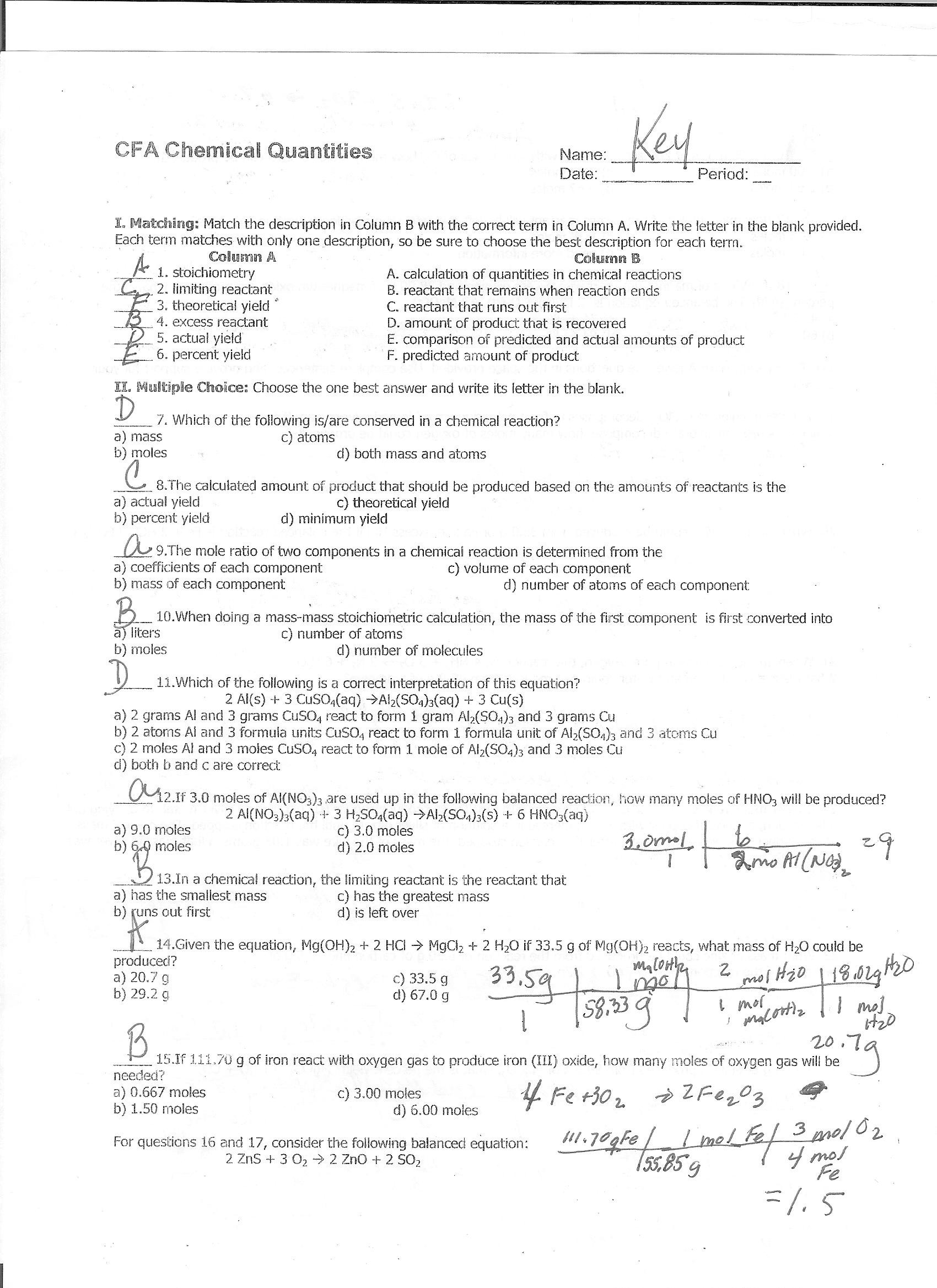 Stoichiometry Worksheet Answer Key Calculating Percent by Mass Volume Chem Worksheet 15 2
