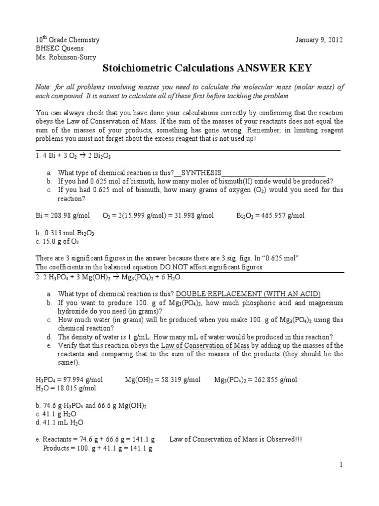 Stoichiometry Worksheet Answer Key Stoichiometric Calculations Worksheet Key