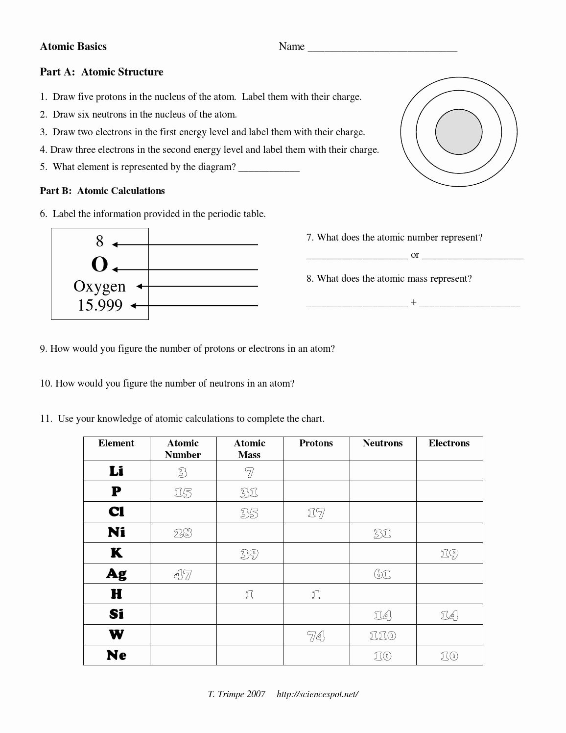 Structure Of the atom Worksheet atom Structure Worksheet Elementary