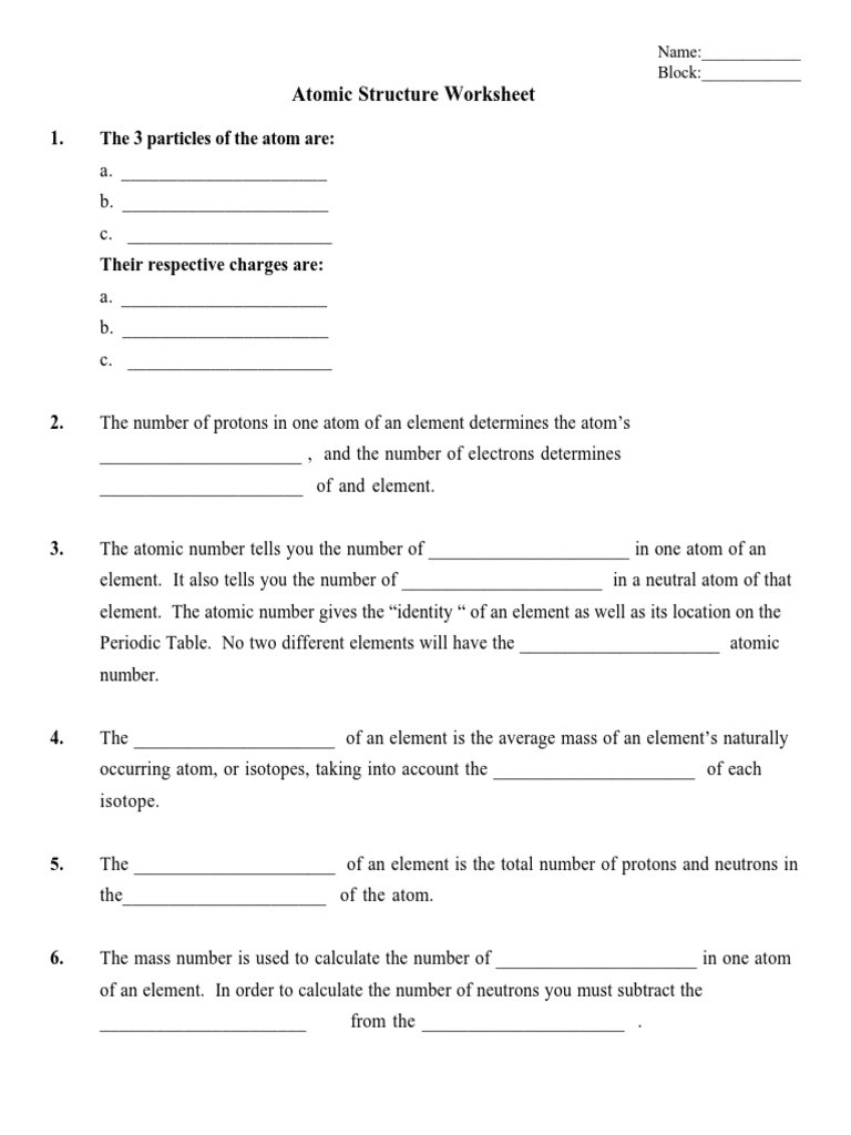 Structure Of the atom Worksheet atom Worksheet Chemical Elements