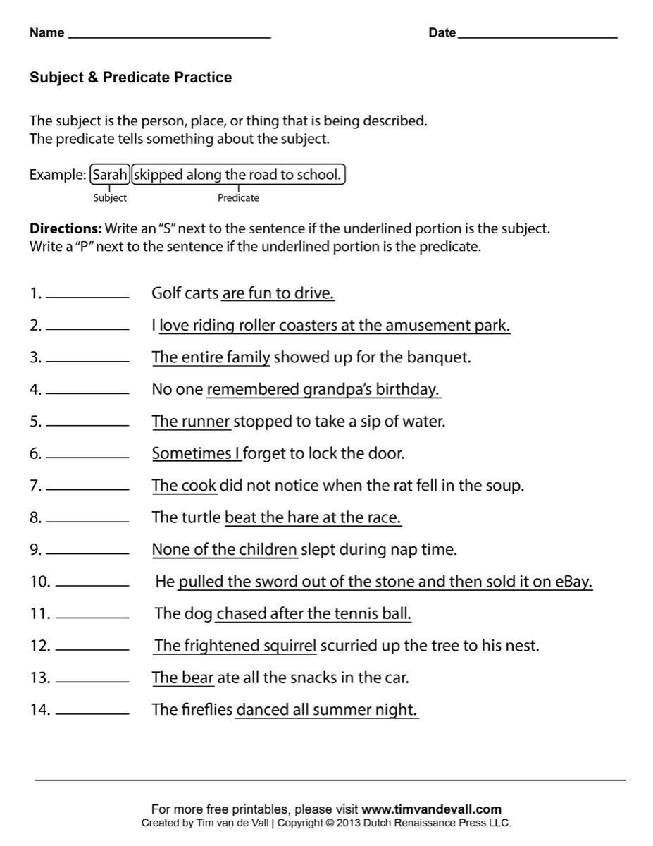 Subjects and Predicates Worksheet 20 Subjects and Predicates Worksheet